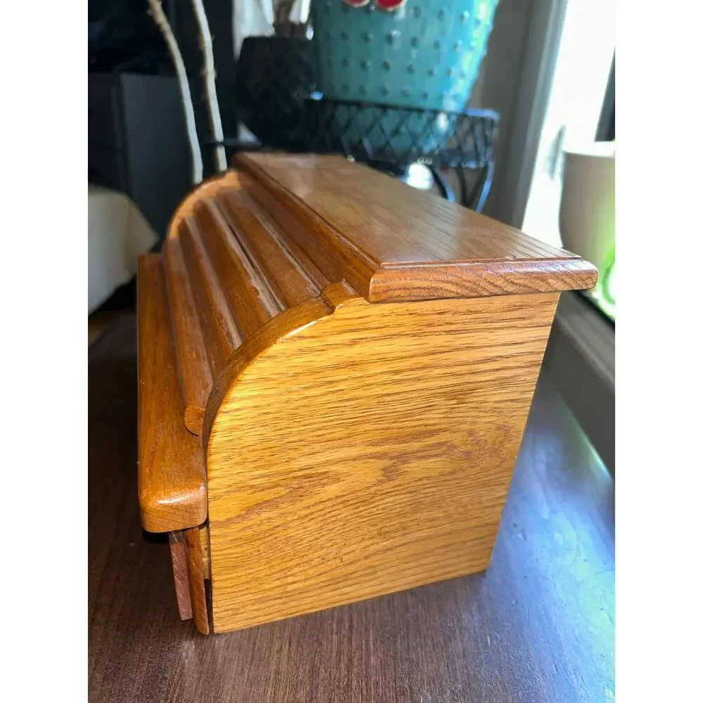 Vintage wood wooden roll-top Jewlery box with drawer bread box style